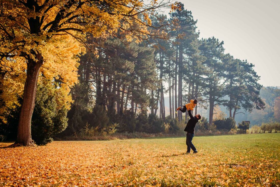 Father joyfully lifting child under golden autumn trees in Vienna.
