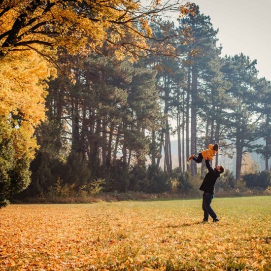 Father joyfully lifting child under golden autumn trees in Vienna.